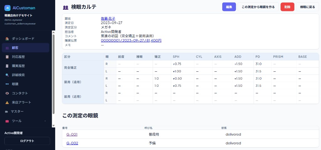 検眼カルテ画面。完全矯正・装用の度数と、この測定の眼鏡を表示